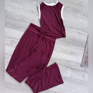 SKIMS Burgundy and White ringer lounge Set